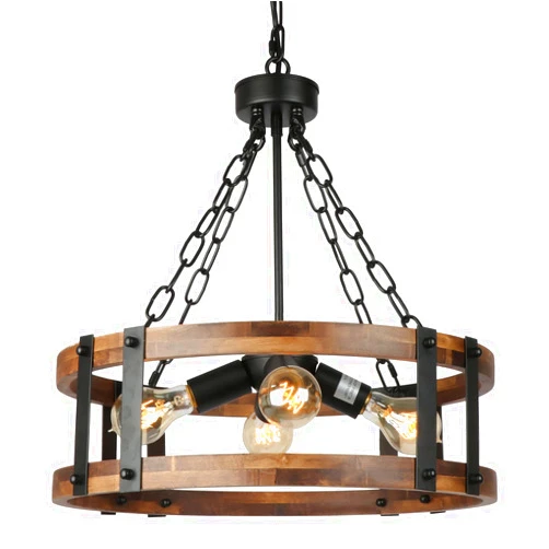 Voguad Farmhouse Rustic Wood Chandelier, 4-Light Industrial Drum Chandelier for Dining Room Vintage Pendant Hanging Light Fixture with Black Metal Accent for Kitchen Living Room Dining Area