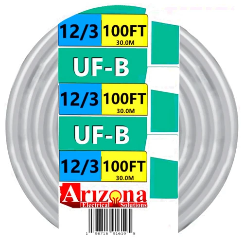 ARIZONA ELECTRICAL SOLUTIONS 100 FT 12/3 Type UF-B Copper Wire Cable, #12 AWG, 3 Conductors with Ground, Gray