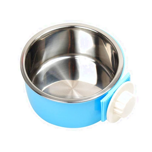 RUBYHOME Dog Bowl Feeder Pet Puppy Food Water Bowl, 2-in-1 Plastic Bowl & Stainless Steel Bowl, Removable Hanging Cat Rabbit Bird Food Basin Dish Perfect for Crates & Cages, Blue