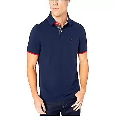 Tommy Hilfiger Men’s Short Sleeve Cotton Pique Flag Polo Shirt in Custom Fit Large Navy Blazer