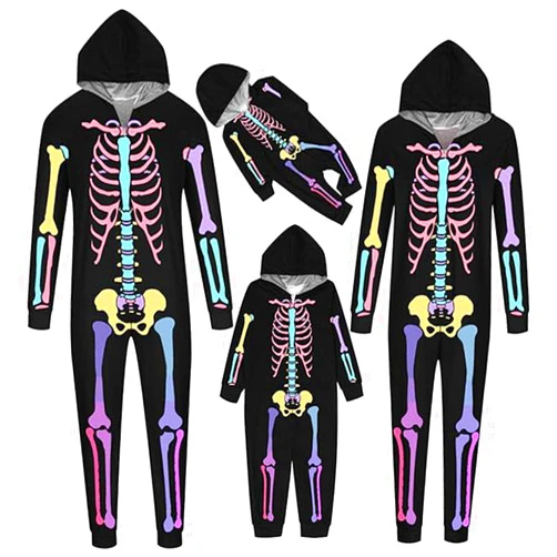 Generic Family Halloween Pajamas Matching Sets Skeleton Print Zipper Hooded Romper Long Sleeve Fall Fashion Sleepwear Set