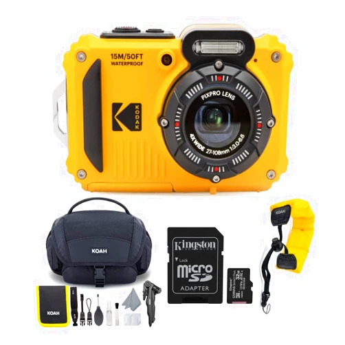 Kodak PIXPRO WPZ2 Rugged Waterproof 16MP Digital Camera with 4X Optical Zoom with Koah Nostrand Gadget Bag with Accessory Kit, 32GB UHS-I microSDHC, and Floating Strap Bundle (4 Items) Yellow