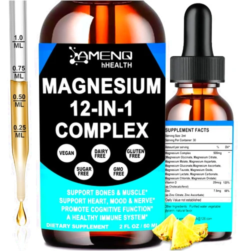 AMENQ hHEALTH Magnesium 12 in 1 Complex Liquid Drops Magnesium Supplement w. Glycinate Citrate Malate Taurate Oxide Aspartate Orotate, Calm Magnesium for Sleep Muscle Heart Support丨Max Absorption Liquid Formula