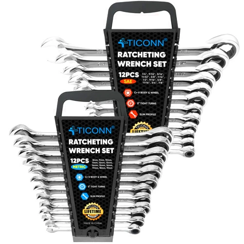 TICONN 24PCS Ratcheting Wrench Set with Organizer Rack, Professional Slim Profile Mechanic Cr-V Ratchet (12PCS Inch (SAE) & 12PCS mm (Metric))