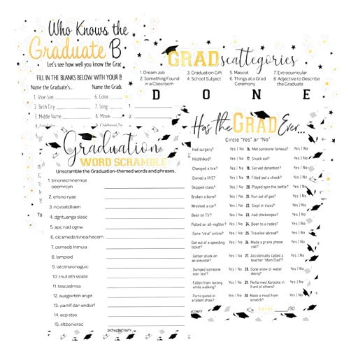 DISTINCTIVS Graduation Party Game Bundle 4 Graduation Games for Parties 2025 – Who Knows The Grad Best, Has The Grad Ever, Scattergories, and Word Scramble, Grad Games for 25 Guests