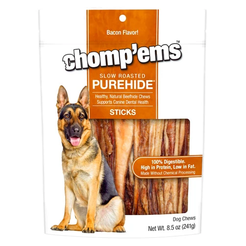 CHOMP 'EMS Purehide Chews - Slow Roasted Naturally Delicious Rawhide Dog Treats - High Protein Beef Hide - Bacon Flavor, Sticks, 8.5 Oz.