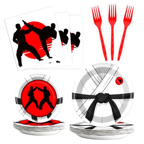 Gisgfim 96 Pcs Karate Party Supplies Paper Plates Napkins Karate Themed Party Birthday Decorations Favors for Boys & Girls Birthday Serves 24