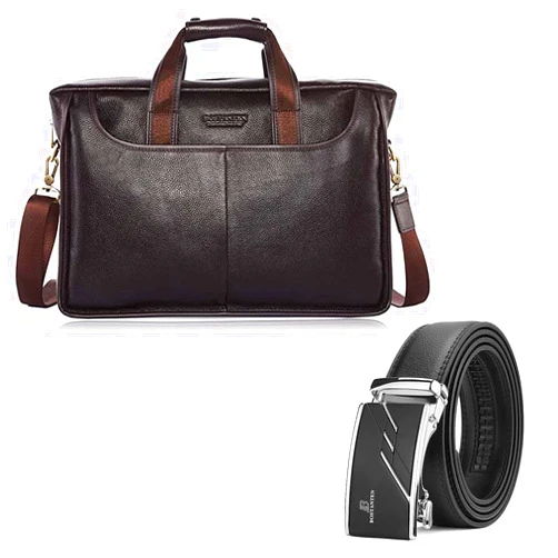 BOSTANTEN Leather Briefcase Handbag Messenger Business Bags for Men and Men's Leather Ratchet Dress Belt with Automatic Sliding Buckle