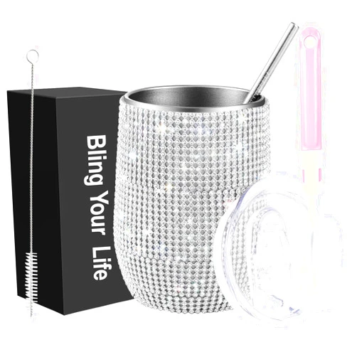 WINCHERRIA Bling Wine Tumbler-12oz Diamond Bling Water Bottle,Glitter Stainless Steel Insulated Rhinestone Water Cup with Easy Sip Lid， Bling Wine Glasses with Rhinestones for Girls Women (1, Silver)