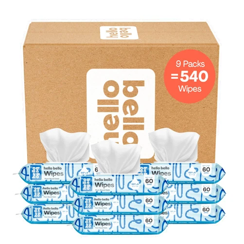 Hello Bello Extra Gentle Unscented Baby Wipes, Plant Based, Made with 99% Water and Aloe for Babies and Kids, 60 Count (Pack of 9) Total 540 Count