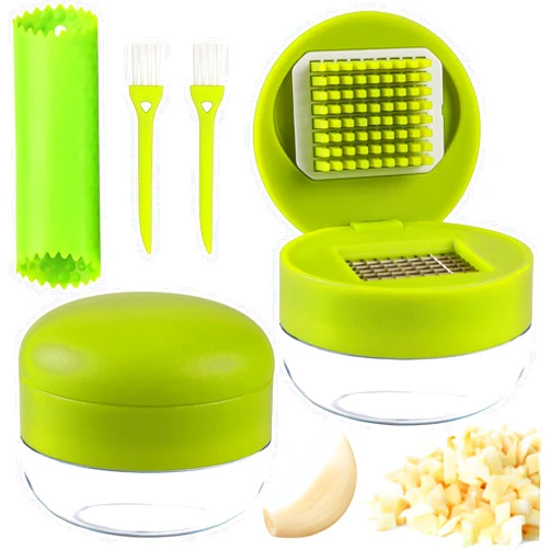 Nokiils 2 Pcs Garlic Press Stainless Steel, Garlic Mincer Crusher with Peeler and Cleaning Brush, Garlic Chopper Mini Kitchen Tool