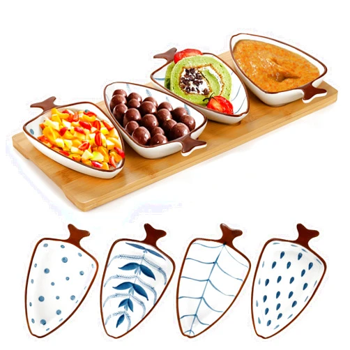 yarlung Set of 4 Sauce Dipping Bowls with Bamboo Tray, 5 Inch Ceramic Chips and Dips Serving Dishes, Decorative Fish Shape Pinch Bowls Snacks Platter for Appetizer, Sushi, Dessert
