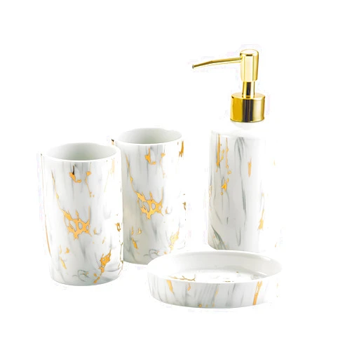 Santentre 4 Piece Ceramic Bathroom Accessory Set, Luxury Bathroom Sets Accessories with Soap Dispenser, Toothbrush Holder, Tumbler, Soap Dish, Bathroom Set for Organization&Decor, White Marble Look