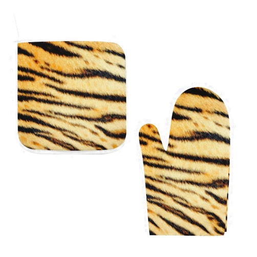 TsyTma Tiger Skin Oven Mitts and Pot Holders Animal Fur Texture Kitchen Glove Sets Heat Resistant Kitchen Hot Pads for Microwave BBQ Baking Grilling