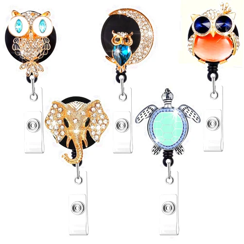 HASFINE 5 Pack Crystal Badge Reels Retractable, Handmade Bling Rhinestone Cute Cartoon Owl,Turtle,Elephant ID Name Badge Holders with Alligator Badge Clip for Nurses, Doctors, Teachers,Workers
