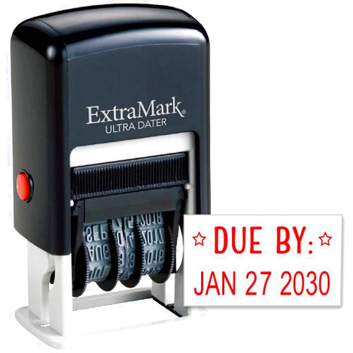 ExtraMark Ultra Dater Self-Inking Rubber Date Office Stamp with Due by: Phrase & Date - Style 2, Red Ink, 12-Year Band