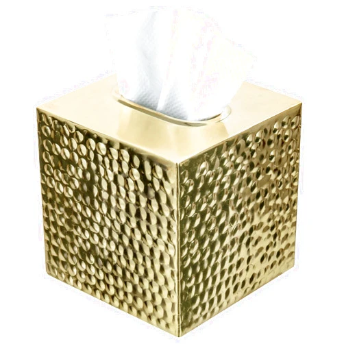 MyGift Modern Hammered Brass Tone Metal Cube Facial Tissue Box Cover with Open Bottom, Decorative Pebbled Texture Square Holder for Bathroom Tissues - Handcrafted in India