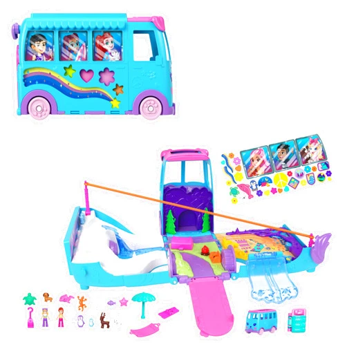 Polly Pocket Micro Dolls and Transforming Camper Van Vehicle, Accessories Include Pets and Toy Car, Pet Mobile Adventure Playset