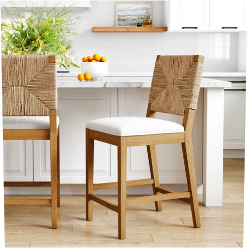 Nathan James Beacon Bohemian Boucle Bar Stool, Upholstered Counter Height Chair with Solid Wood Frame and Woven Seagrass Back for Kitchen Island, Light Brown/Seagrass/Cream Boucle