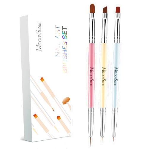 MelodySusie 2-in-1 Nail Art Brushes Set,3pcs Nail Art Design Pen Painting Tools with Flat Brush Oval Brush French Brush Liner Brushes for Home DIY Salon Use