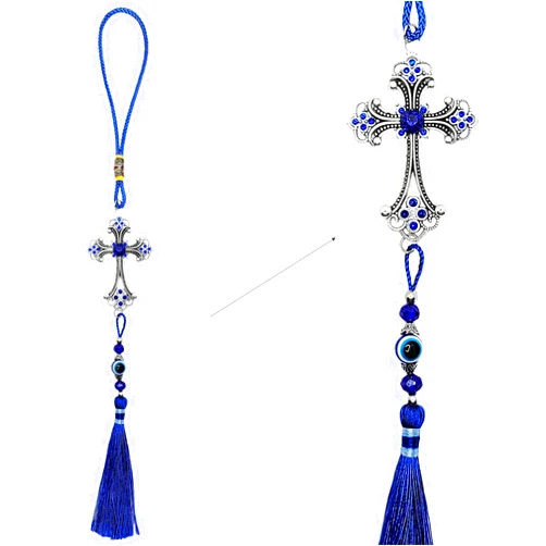 LUCKBOOSTIUM Evil Evil Eye & Cross Charm Hanging Ornament w/Center Blue Crystal and Tassels Sign for Good Luck Health & Spiritual Protection Home Bag & Car Rear View Mirror Hanging Accessories