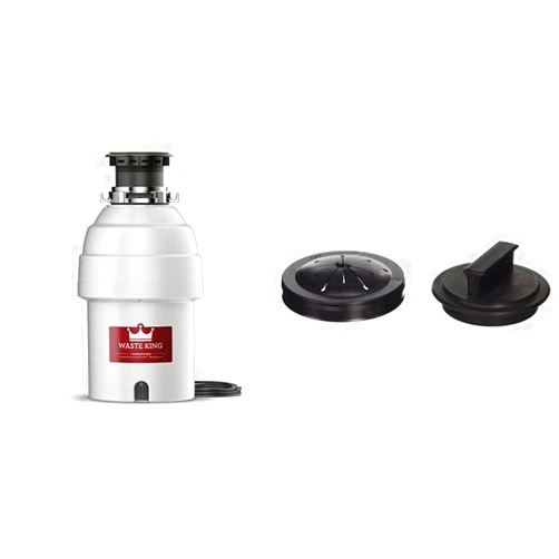 Waste King Legend Series 1 HP Continuous Feed Garbage Disposal with Power Cord - (L-8000) & 1025 EZ Mount Garbage Disposal Stopper and Splash Guard, Black