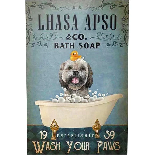 Qionghaimianyangshagnmaoyouxiangongsi Lhasa Apso Bath Soap Aluminum Metal Sign Vintage Bar Home Bathroom Wall Decor Sign Funny Cave Sign 8X12 Inch