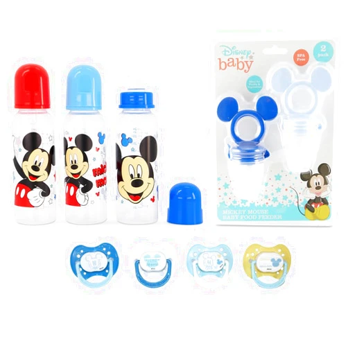 Disney Baby Mickey Mouse Baby Bottles 9oz 3 Pack - Baby Teether with Fruit Feeder 2 Pack - Baby Pacifiers 0-6 Months 4 Pack - Mickey Mouse Baby Bundle