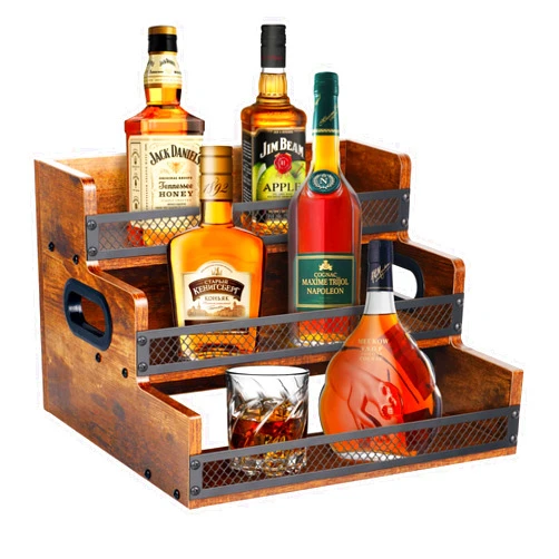 Alyoen Liquor Bottle Display Shelf, Coffee Syrup Rack Organizer, 3 Step Countertop Liquor Wine Rack, 12 Bottles Coffee Station Organizer with Fences & Handles, Home Retro Bar Shelf Stand for Liquor Whiskey