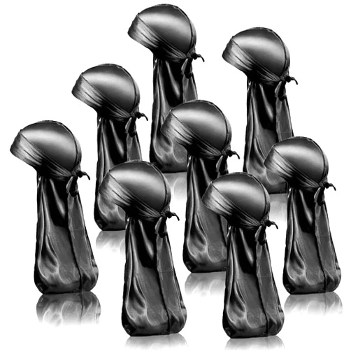 LEADUWAY 8Pcs Silky Durags, Silk Durag for Men Women, Superior Satin Wave Cap, Durags Pack with Extra Long Tail and Wide Straps hairband