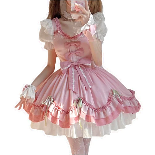 Packitcute Summer Ruffles Hem Cute Lolita Kawaii Dress for Teens Sweet Lace Bow High Waist A Line Cocktail Party Dresses