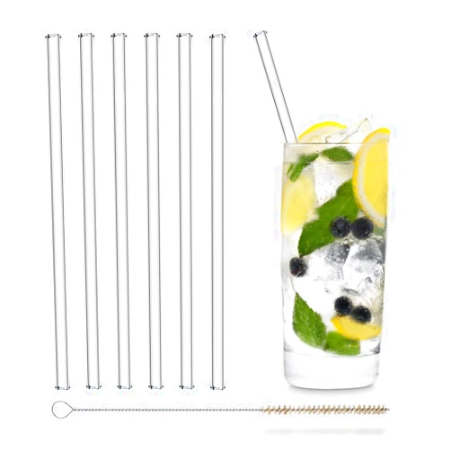 HÅLM Halm Glass Straws - 6x Reusable 8 inch Drinking Straws clear + Plastic-Free Cleaning Brush - Made in Germany - Dishwasher Safe - Straight - Perfect for Smoothies, Cocktails