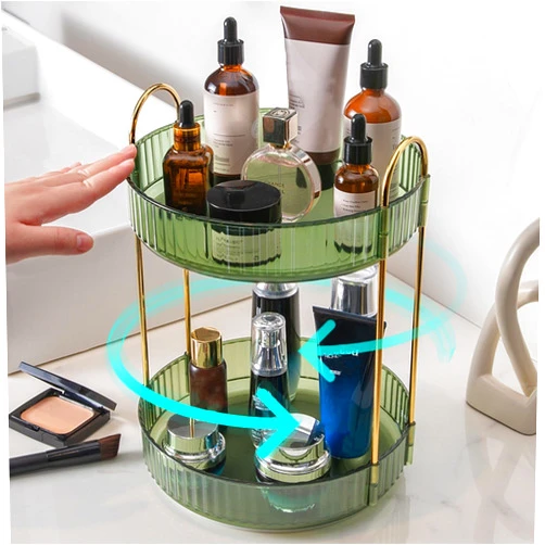 Tomkulis 360 Rotating Makeup Organizer for Vanity, Large Capacity Skincare Organizer, Makeup Cosmetic Storage, Corner Storage Organizers for Bathroom, Kitchen, Dresser (Green, 2 Tiers Round)