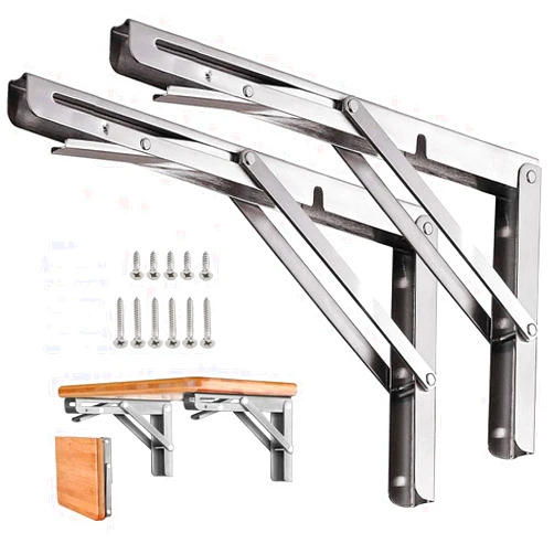 AUTOHJ Folding Shelf Brackets Stainless Steel 16 inch 2 Pcs Max Load: 350 lb - Heavy Duty DIY Wall Mounted Collapsible Shelf Bracket, Space Saving for Garage Workstation, Stuff Supports, Table, Workbench