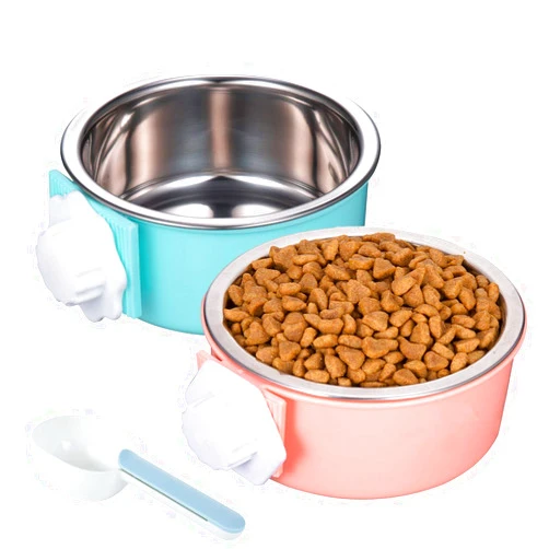Linifar Crate Dog Bowl, Removable – 2 Pack of Stainless Steel Hanging Pet Holder Cat Cage Food Bowl & Kennel Water Feeder with Food Spoon for Puppy Bird Ferret Guinea Pig Rat Chinchilla
