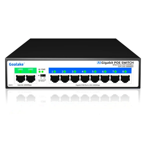 Goalake 8 Port Gigabit PoE Switch with 2 Gigabit Uplink, Unmanaged 10 Port Gigabit PoE Switch Compatible with IEEE 802.3af/at Devices@120W, AI PoE Auto Recovery&Extend, Vlan, Metal Pluy&Play
