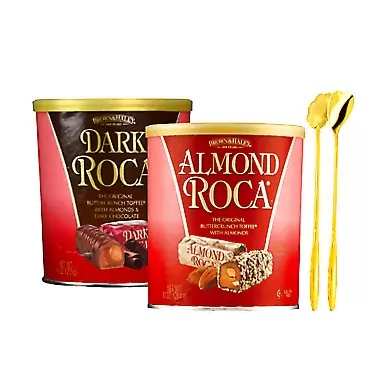 Inspiration Industry Brown & Haley Original Almond Roca Chocolate Candy and Regular Dark Chocolate Candy Buttercrunch Combination Set of 2 Packs with 2 Inspiration Industry Brand Stainless Steel Mixing Stirrer Spoon Original and Regular Dark Buttercrunch