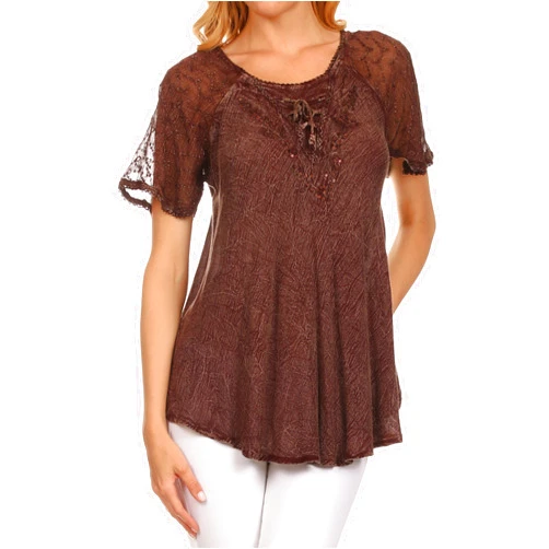 Sakkas Ellie Sequin Embroidered Cap Sleeve Scoop Neck Relaxed Fit Blouse