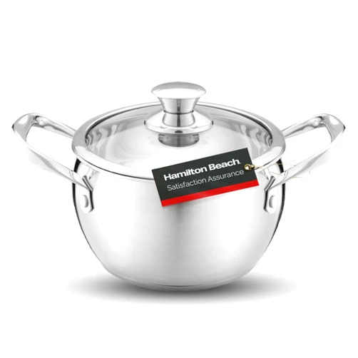 Hamilton Beach 4QT Stainless Steel Belly Design Dutch Oven Pot with Glass Lid and Stay-Cool Riveted Handles, Multipurpose Stewpot Skillet, Compatible with All Stove Tops, Oven & Dishwasher Safe