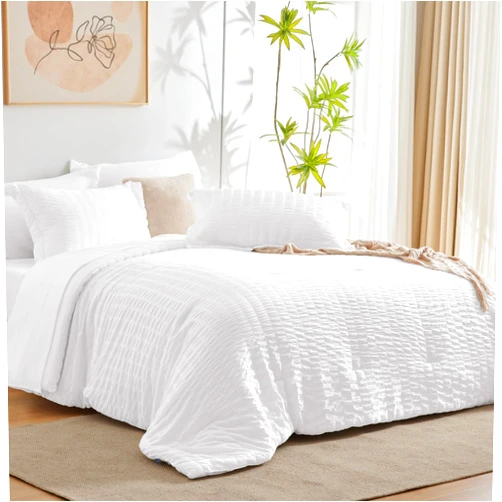 CozyLux King Comforter Set with Sheets White Seersucker Bed in a Bag 7-Pieces All Season Bedding Sets with Comforter, Pillow Sham, Flat Sheet, Fitted Sheet, Pillowcase