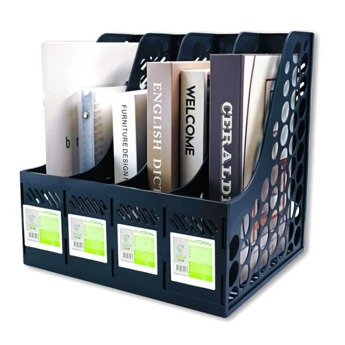 Ysenchan Magazine File Holder, Plastic File Folder Holder for Desk, 4 Compartments Desk Organizer for Office Storage, Vertical Binder Organizer, Black