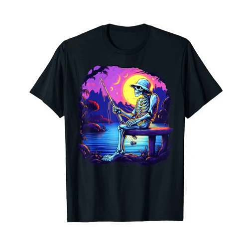Fishing Fisherman Skeleton Gifts Skeleton Fishing Sunset Bass Fisherman Skeleton Halloween T-Shirt