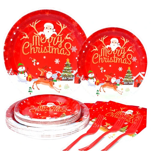 LOOWVY Christmas Paper Plates and Napkins Set, Christmas Plates Cups Napkins Forks Tablewares Party Supplies Serve 24