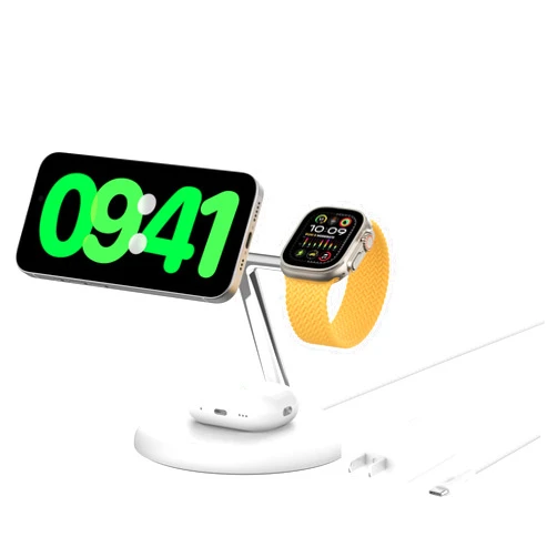 Belkin MagSafe-Compatible 3-in-1 Wireless Charger Stand 15W - Qi2-Certified Wireless Charging Station, Fast Charging of iPhone 16, AirPods, & Apple Watch - 36W Included - White