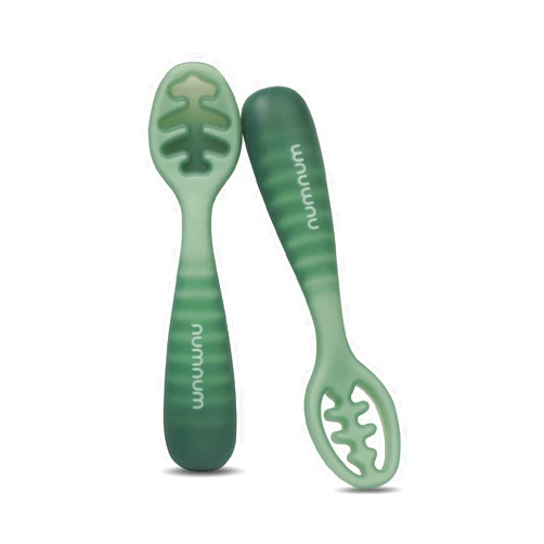 NumNum Baby Spoons Set, Baby Essentials Pre-Spoon GOOtensils for 12+ Months, First Stage Self-Feeding Spoons for Baby Led Weaning (BLW), Silicone Toddler Utensils, BPA-Free, 2 Pack Green