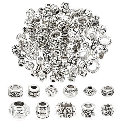 PH PandaHall 120pcs 12 Style Silver Spacers Metal Antique Spacers Beads Barrel Column Butterfly Flower Spacers Beads Tibetan Alloy Loose Beads for Bracelets Necklace Jewelry Making 5~10mm