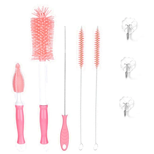 Japuda Silicone Cleaning Brush Kit – Household Cleaning Brushes for Bottles and Crevices – Food-Grade Silicone: Dishwasher Safe (Pink)