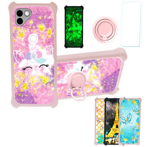 Jioeuinly Solana Mobile Saga Phone Case Compatible with Osom OV1 Saga Phone Phone Case Cover [with Tempered Glass Screen Protector][Hard PC + Soft Silicone][Ring Support] [Gold Glitter+Luminous] JSF-DJS