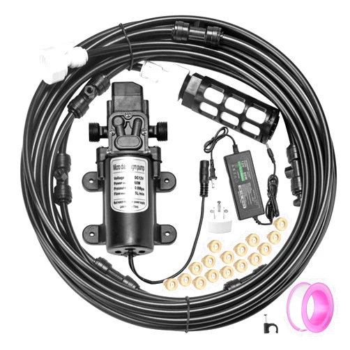 ACBungji Misting Cooling System with Pump Filter Kit,40FT/12M Mist Hose 16 Brass Mist Nozzle 116 PSI 5L/Min DIY for Outdooor Patio Porch Greenhouse Backyard