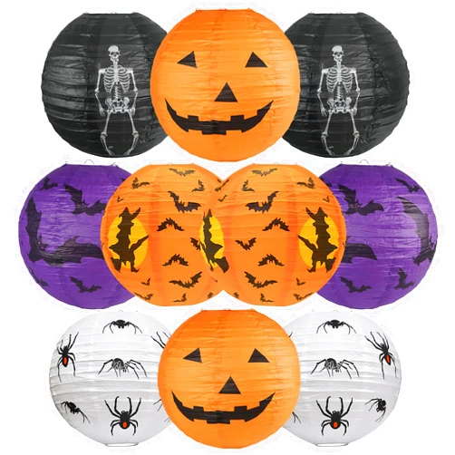 Viehatta Halloween Paper Lanterns 10 PCS Set – 12-Inch Decorations with Pumpkins Ghosts Bats Jack-O'-Lanterns and Witches Spooky Hanging Décor for Indoor/Outdoor Parties, Trick-or-Treat Events, Haunted Houses
